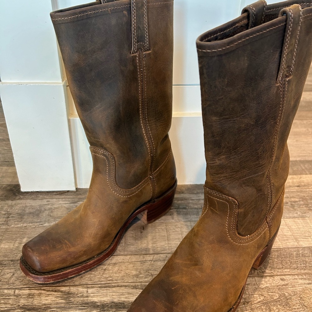 $545 Frye Campus 12L Dark Brown Tan Leather Vintage Distress Square Cowboy Boot